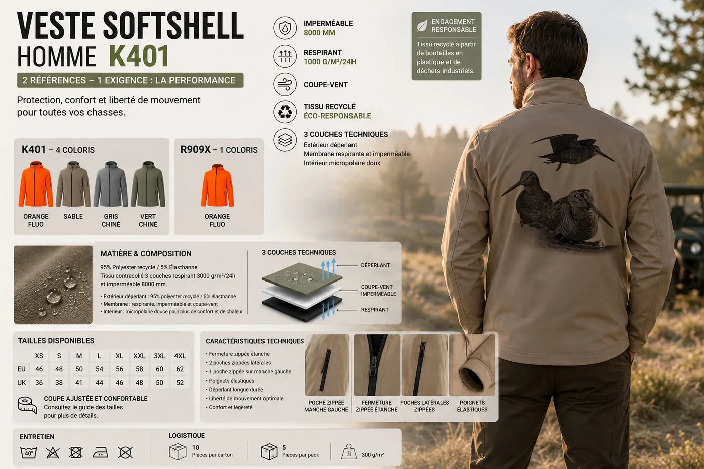 Fiche technique : veste softshell de chasse homme — matière, membrane et guide des tailles
