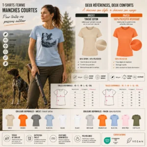 T-shirt de chasse Bécasse personnalisé — femme, détail du motif bécasse imprimé