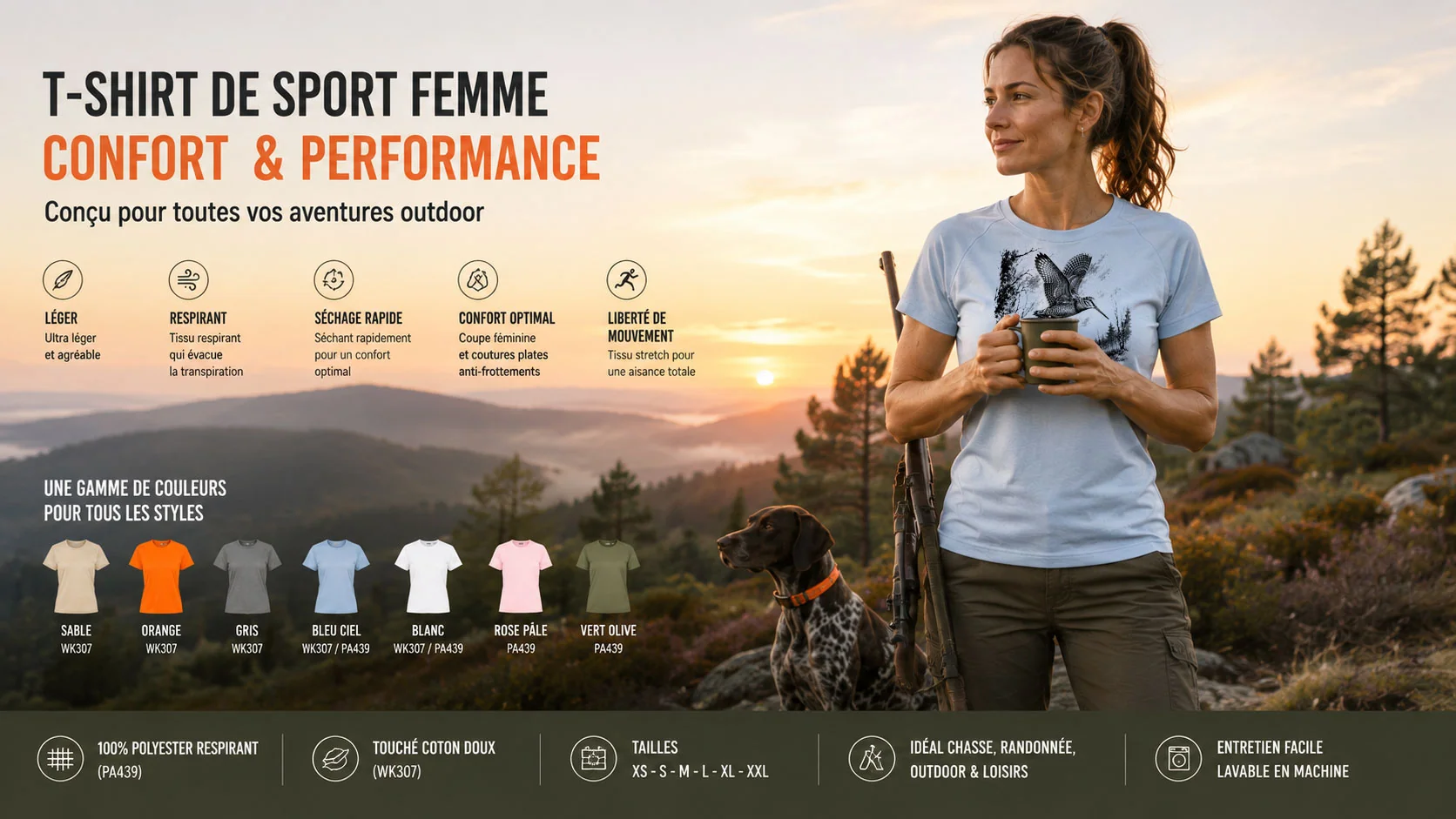 T-shirt de chasse bécasse femme, coupe et coloris de la gamme