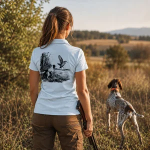 Polo de chasse Bécasse personnalisé femme, porté en action