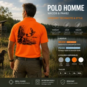 Polo de chasse Bécasse personnalisé homme, porté en action
