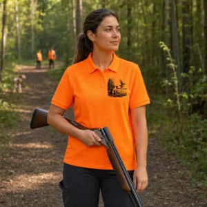 Polo de chasse Bécasse personnalisé femme, coloris orange, porté en taille L