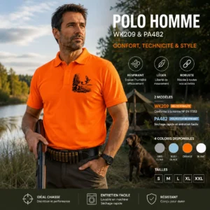 Polo de chasse Bécasse personnalisé homme, motif bécasse et texte au choix