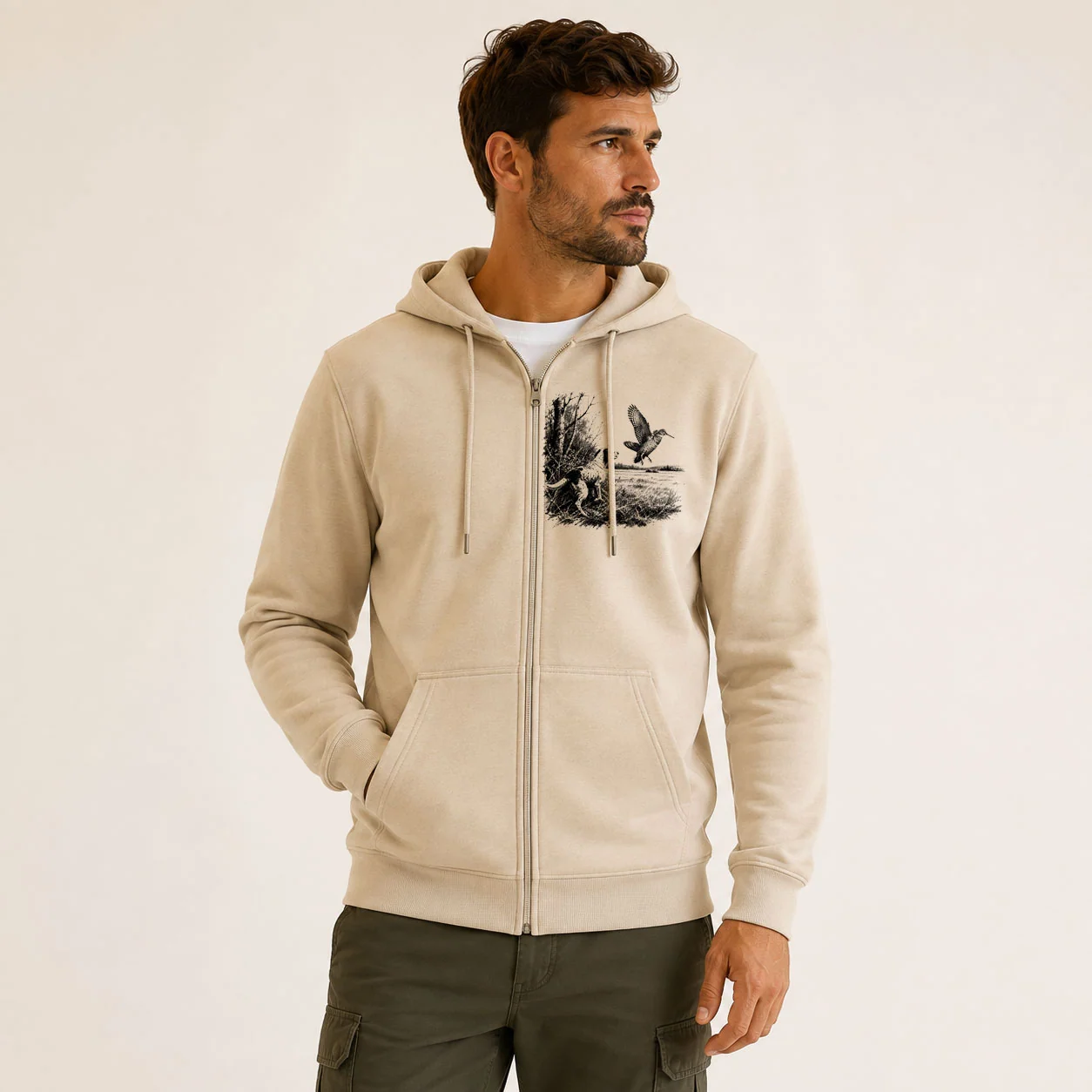 Sweat de chasse homme becasse personnalise, motif becasse + texte au choix