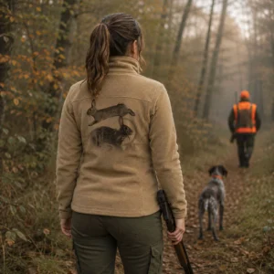 Veste polaire de chasse Lapin personnalisée femme, portée en forêt, motif lapin en grand dans le dos