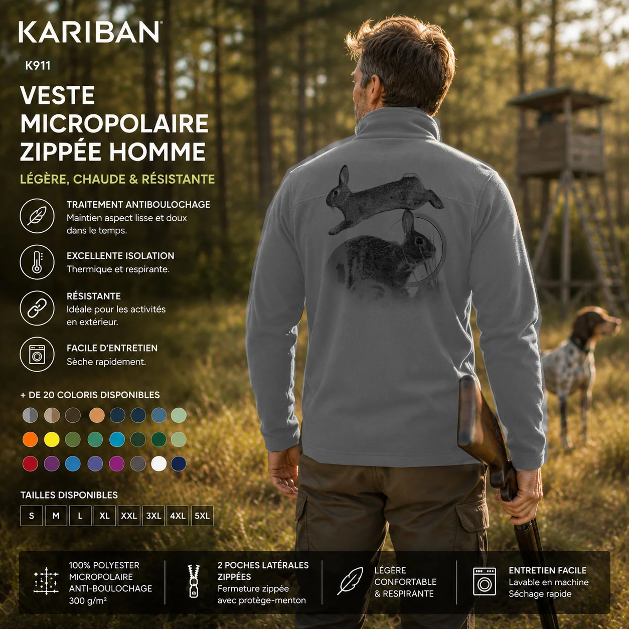 Veste polaire de chasse Lapin personnalisée, portée en action