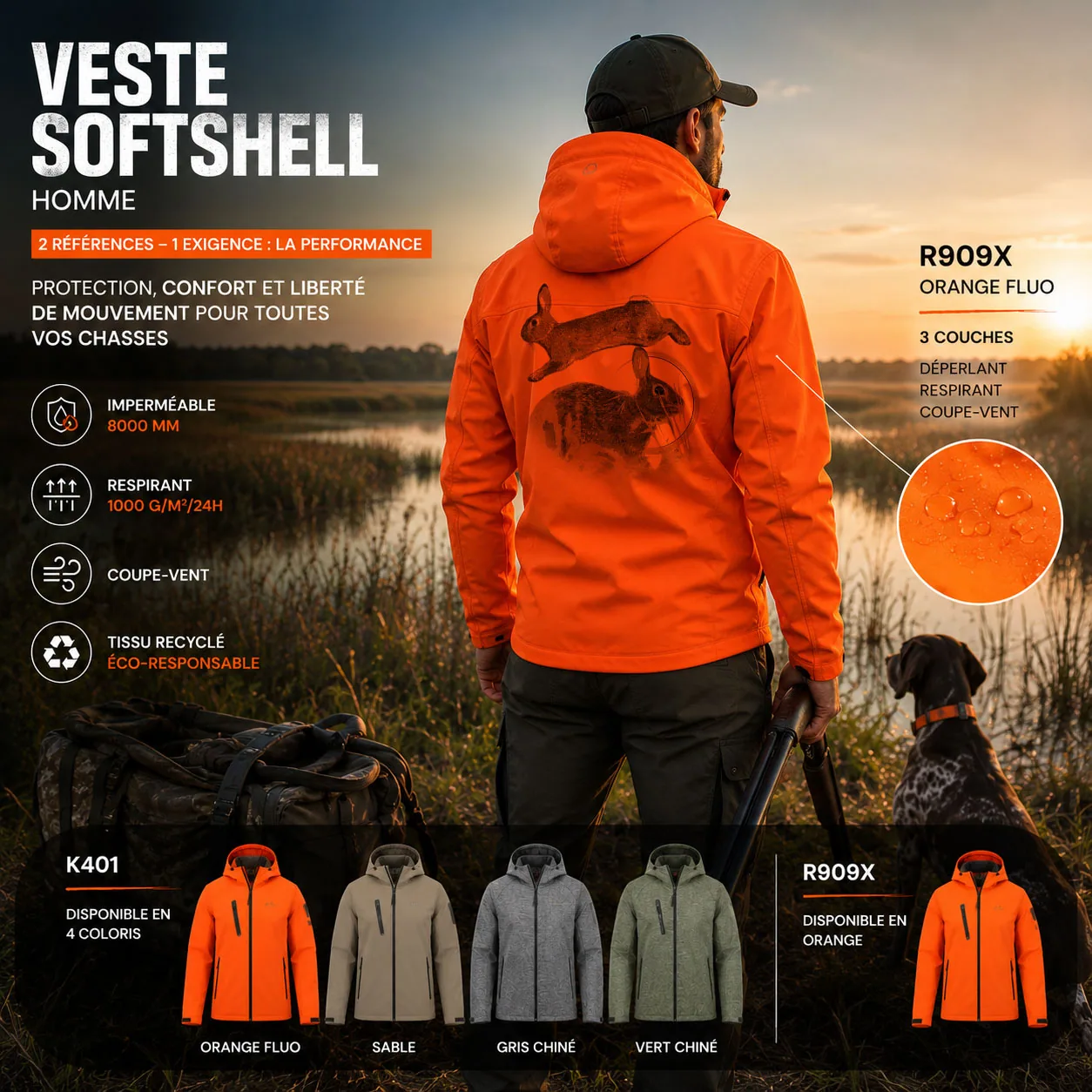 Motif lapin, un lapin de garenne en pleine course et un autre tapi, imprimé dans le dos d'une veste softshell de chasse
