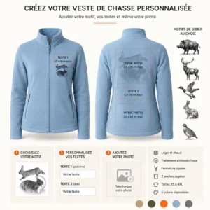 Veste polaire de chasse Lapin personnalisée femme, ce qui se personnalise : photo, textes et motif