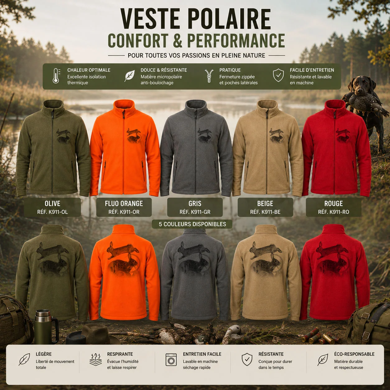 Veste polaire de chasse lapin, les cinq coloris avec le motif sur le cœur