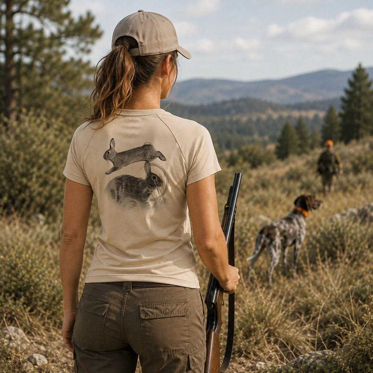 T-shirt de chasse Lapin personnalisé — femme, porté en action