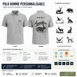 Polo de chasse Lapin personnalisé homme, ce qui se personnalise : photo, deux textes et le motif lapin