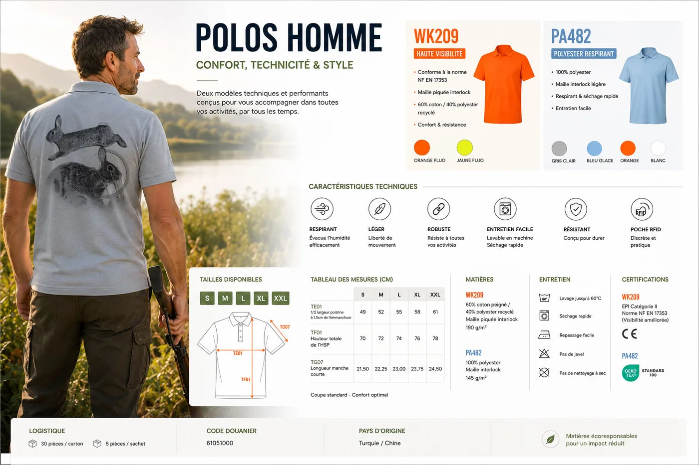 Fiche technique : polo de chasse homme — matière, membrane et guide des tailles