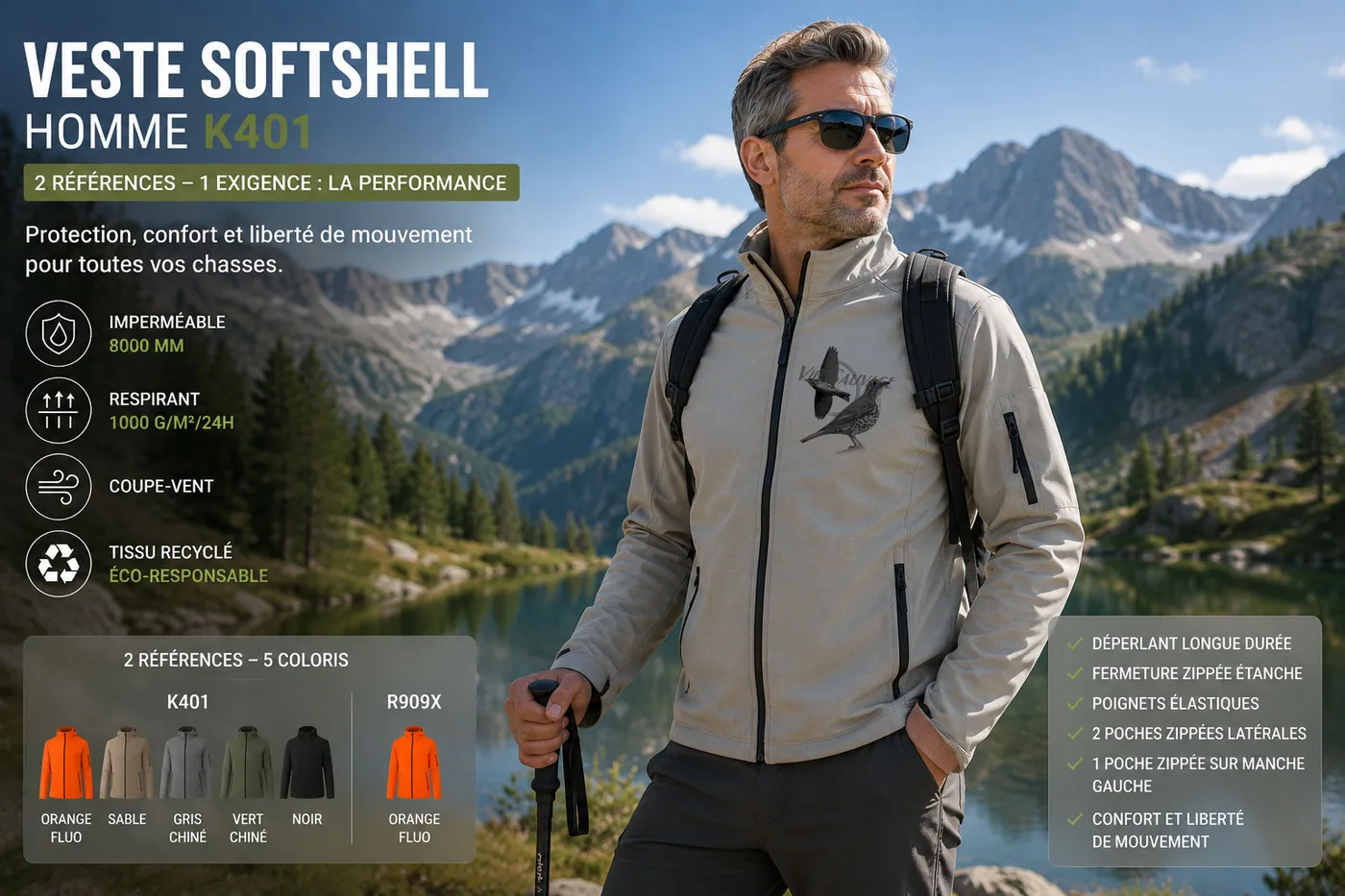 Veste softshell de chasse grive portée en garrigue au lever du jour