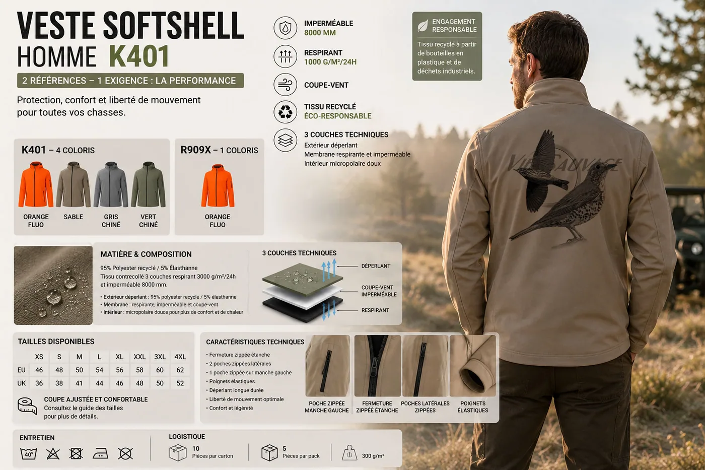 Fiche technique : veste softshell de chasse homme — matière, membrane et guide des tailles