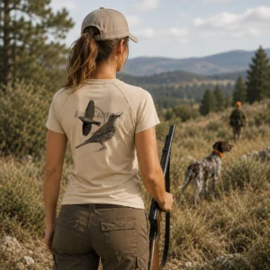 T-shirt de chasse Grive personnalisé — femme, porté en action