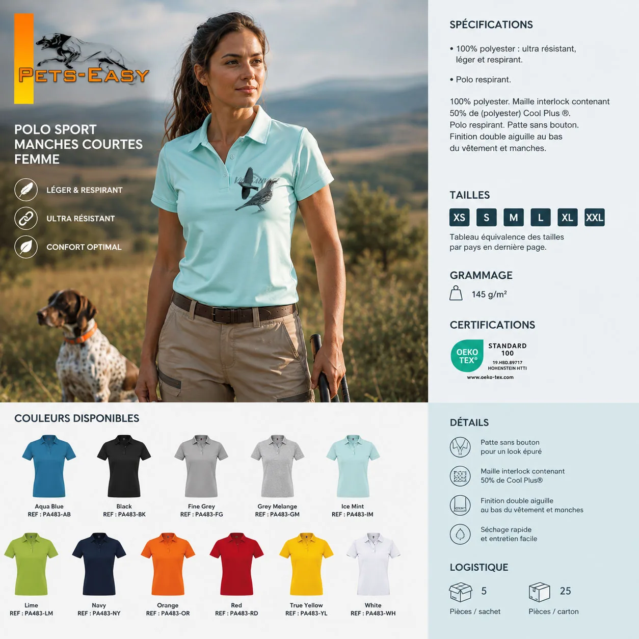 Polo de chasse Grive personnalisé femme, la planche du modèle : caractéristiques et coloris