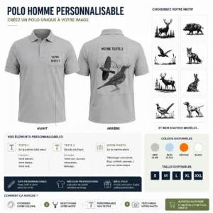 Polo de chasse Grive personnalisé homme, ce qui se personnalise : photo, deux textes et le motif grive
