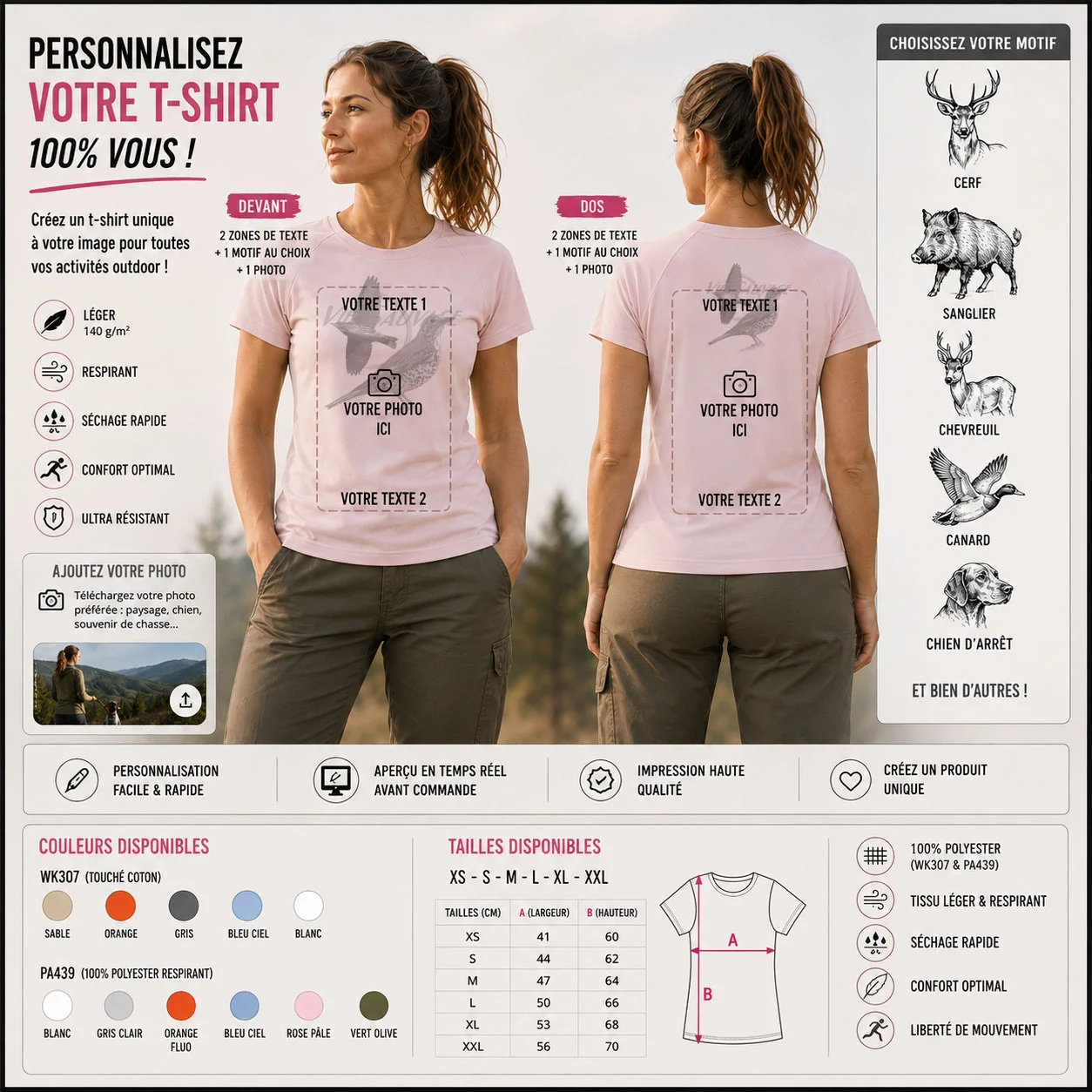 T-shirt de chasse Grive personnalisé — femme, vu de dos