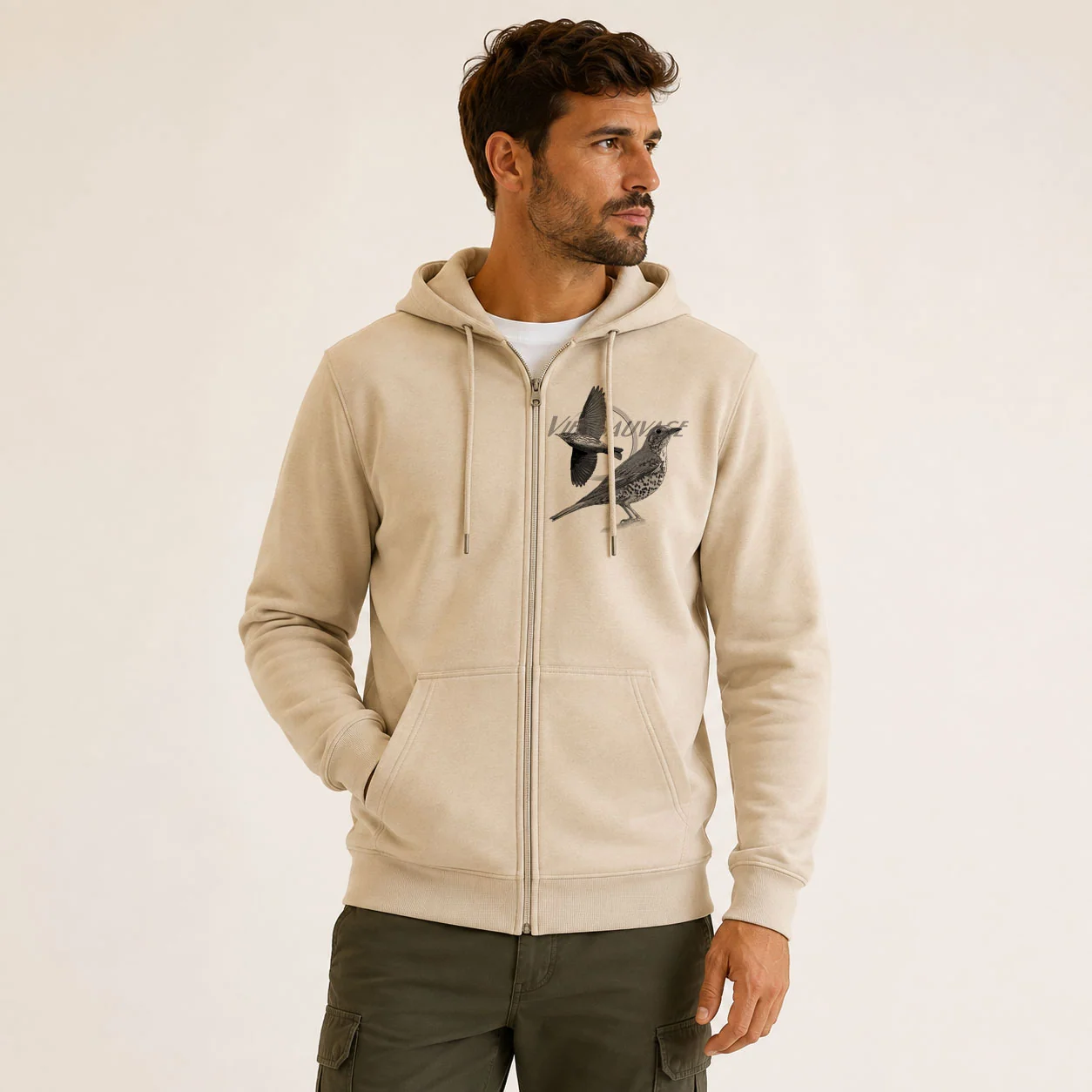 Sweat de chasse homme grive personnalise, motif grive + texte au choix
