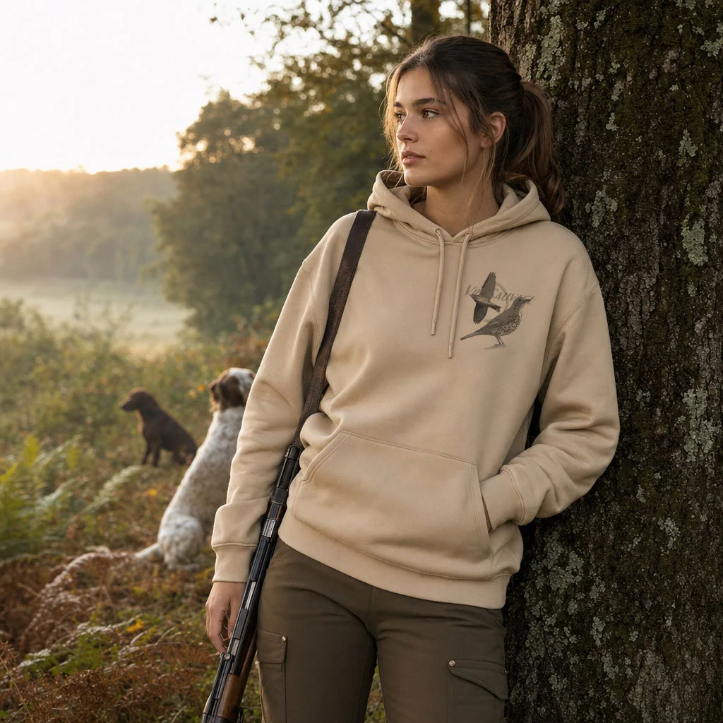 Sweat de chasse femme grive personnalise, motif grive + texte au choix