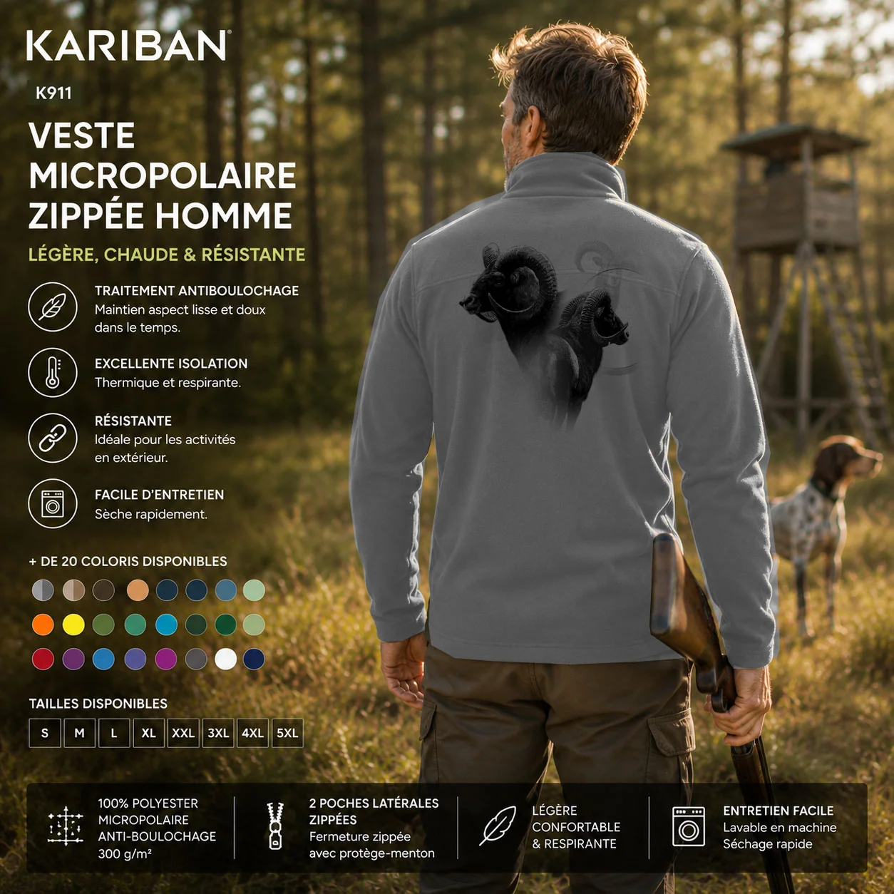 Veste polaire de chasse Mouflon personnalisée, portée en action