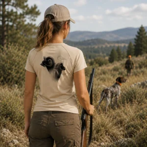 T-shirt de chasse Mouflon personnalisé — femme, porté en action