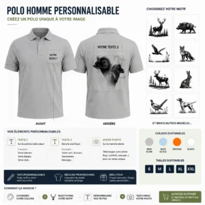 Polo de chasse Mouflon personnalisé homme, ce qui se personnalise : photo, deux textes et le motif mouflon