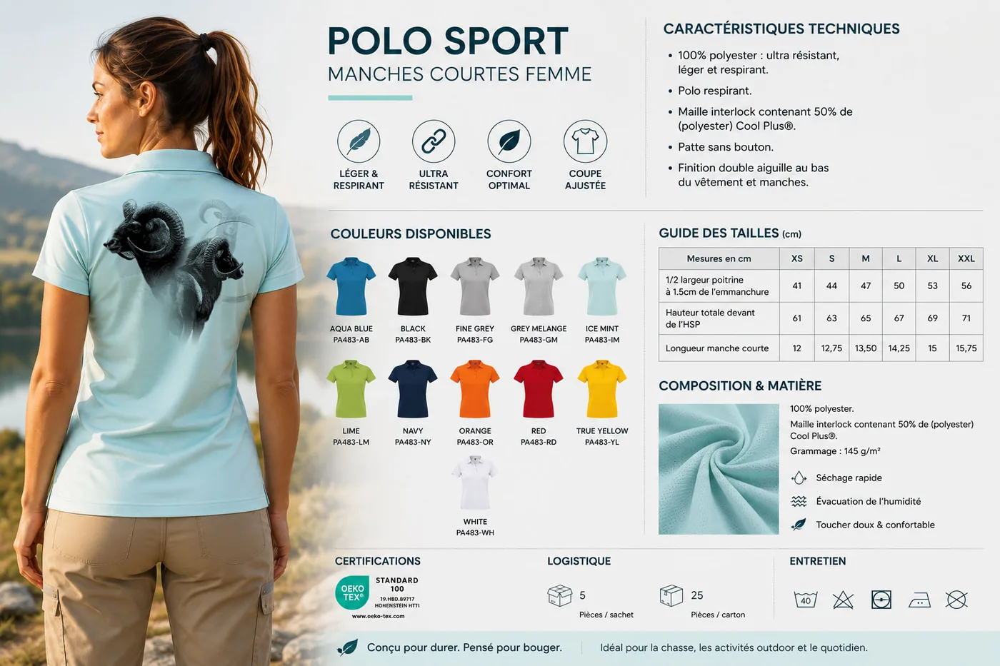 Fiche technique : polo de chasse femme — matière, membrane et guide des tailles