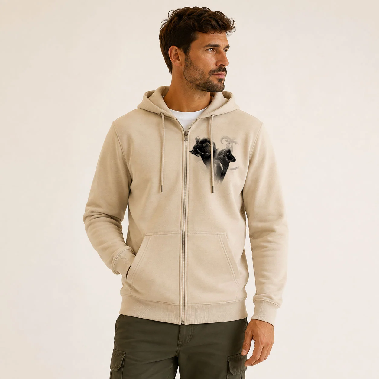Sweat de chasse homme mouflon personnalise, motif mouflon + texte au choix