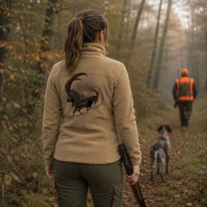 Veste polaire de chasse Bouquetin personnalisée femme, portée en forêt, motif bouquetin en grand dans le dos
