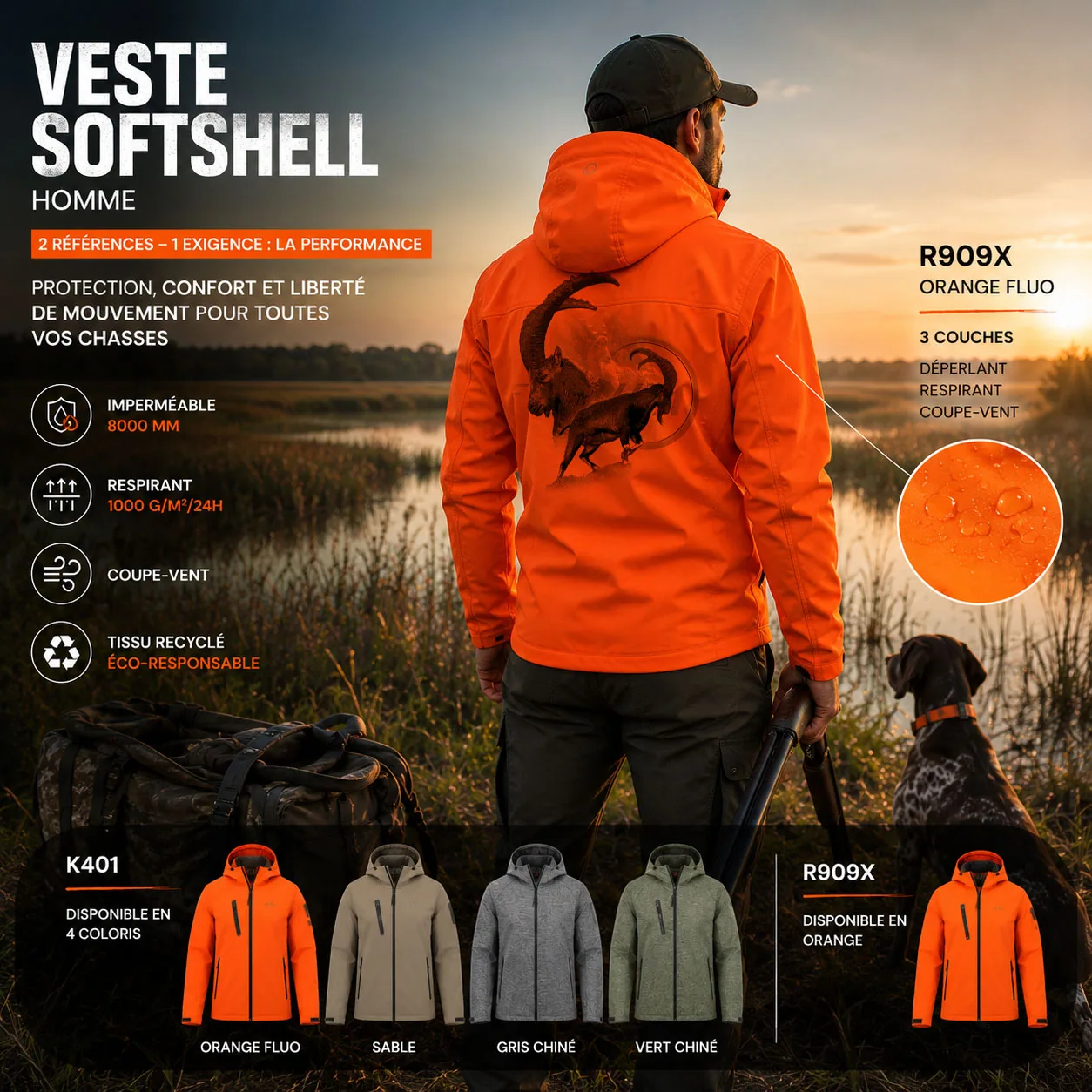 Motif bouquetin, un bouc aux cornes annelées et un second grimpant sur la roche, imprimé dans le dos d'une veste softshell de chasse