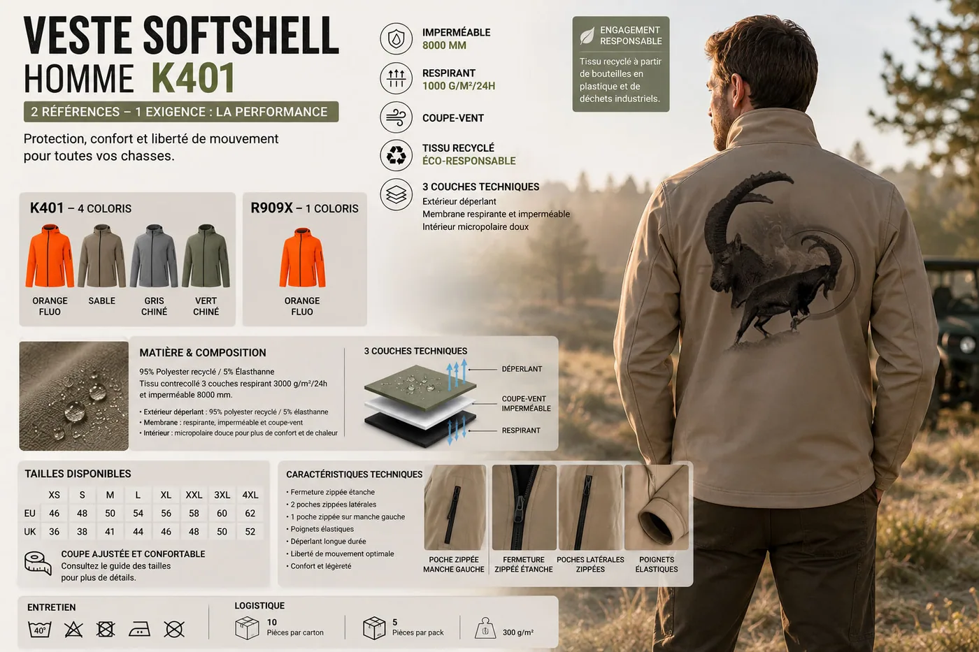 Fiche technique : veste softshell de chasse homme — matière, membrane et guide des tailles
