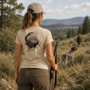 T-shirt de chasse Bouquetin personnalisé — femme, porté en action