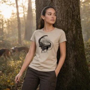 T-shirt de chasse Bouquetin personnalisé — femme, beige, toutes tailles