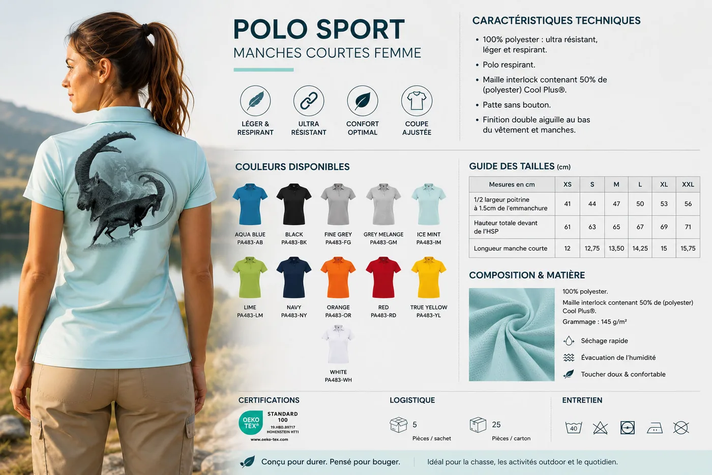 Fiche technique : polo de chasse femme — matière, membrane et guide des tailles