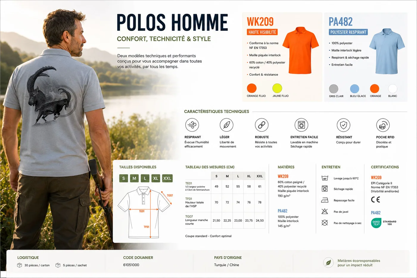 Fiche technique : polo de chasse homme — matière, membrane et guide des tailles