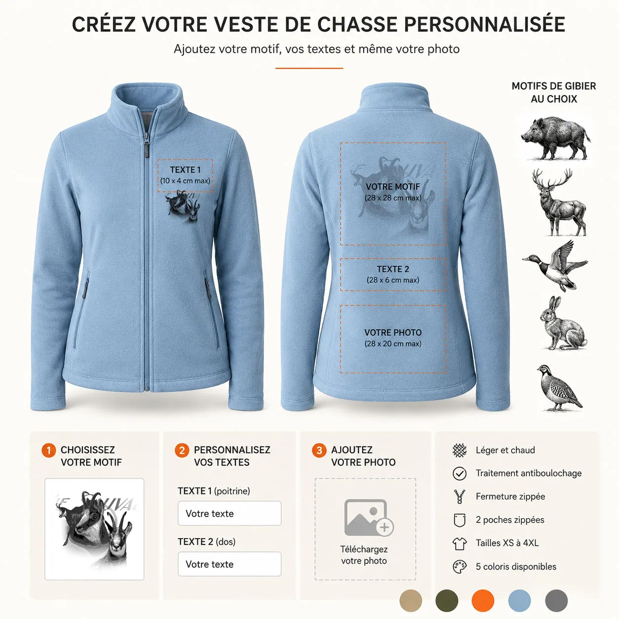 Veste polaire de chasse Chamois personnalisée femme, ce qui se personnalise : photo, textes et motif