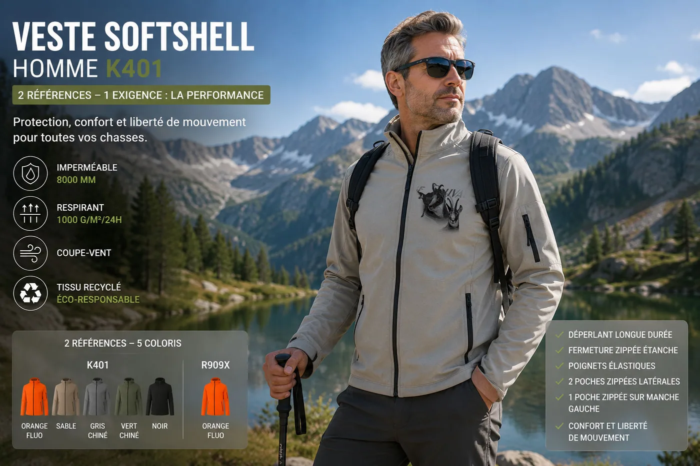 Veste softshell de chasse chamois portée en montagne au lever du jour