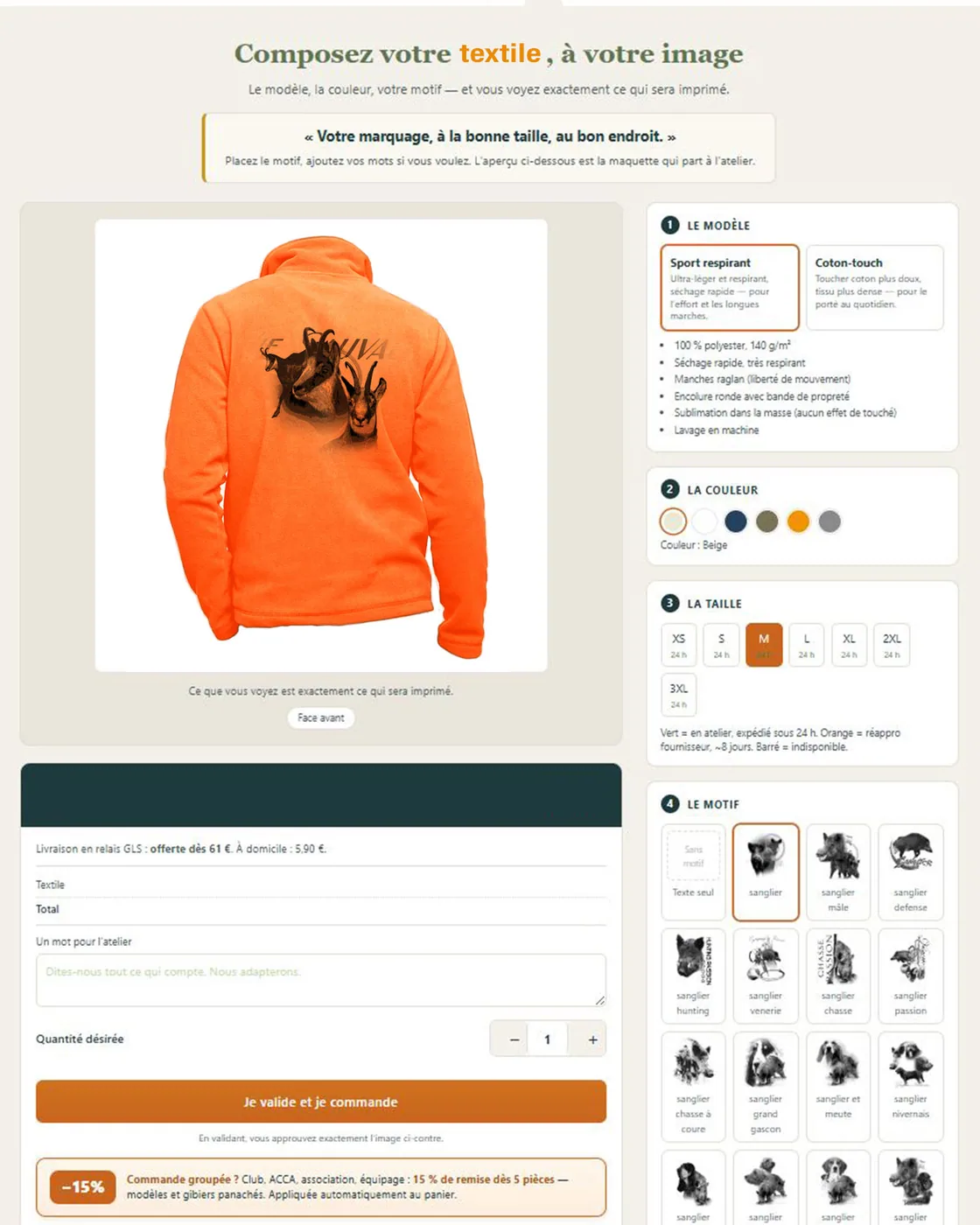 Ce qui se personnalise sur le veste polaire de chasse femme : une photo et un texte devant, le motif chamois et un texte au dos