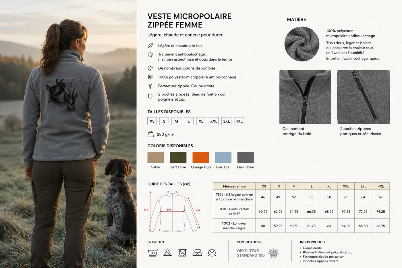 Fiche technique : veste polaire de chasse femme — matière, membrane et guide des tailles