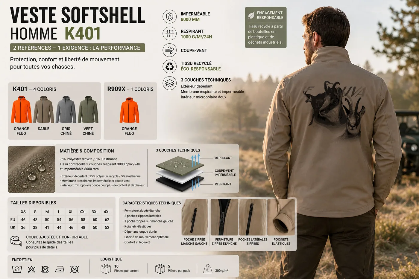 Fiche technique : veste softshell de chasse homme — matière, membrane et guide des tailles
