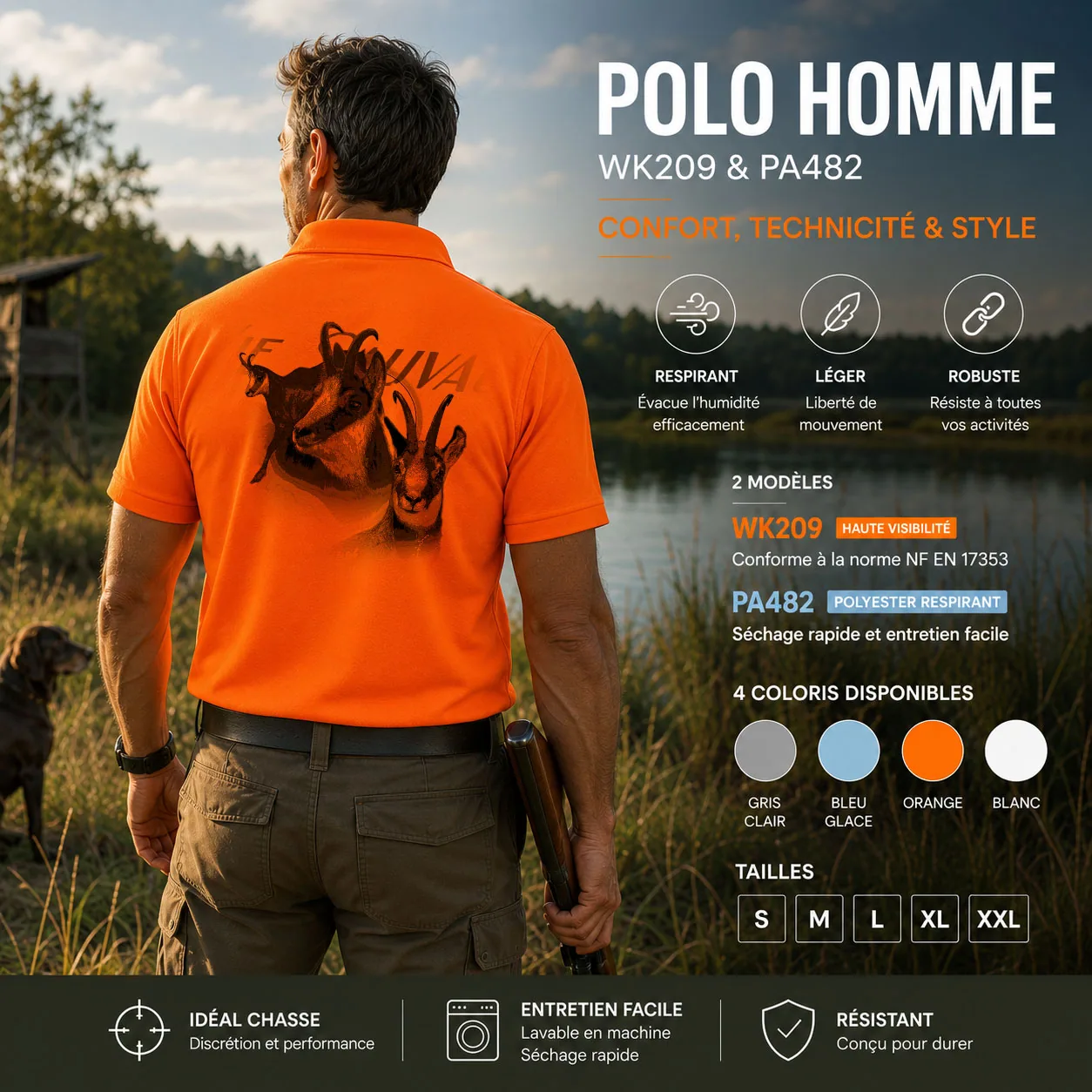 Motif chamois, trois chamois dont une tête au masque barré et cornes en crochet, imprimé dans le dos d'un polo de chasse
