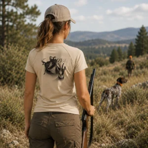 T-shirt de chasse Chamois personnalisé — femme, porté en action