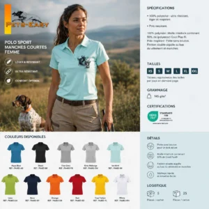 Polo de chasse Chamois personnalisé femme, la planche du modèle : caractéristiques et coloris