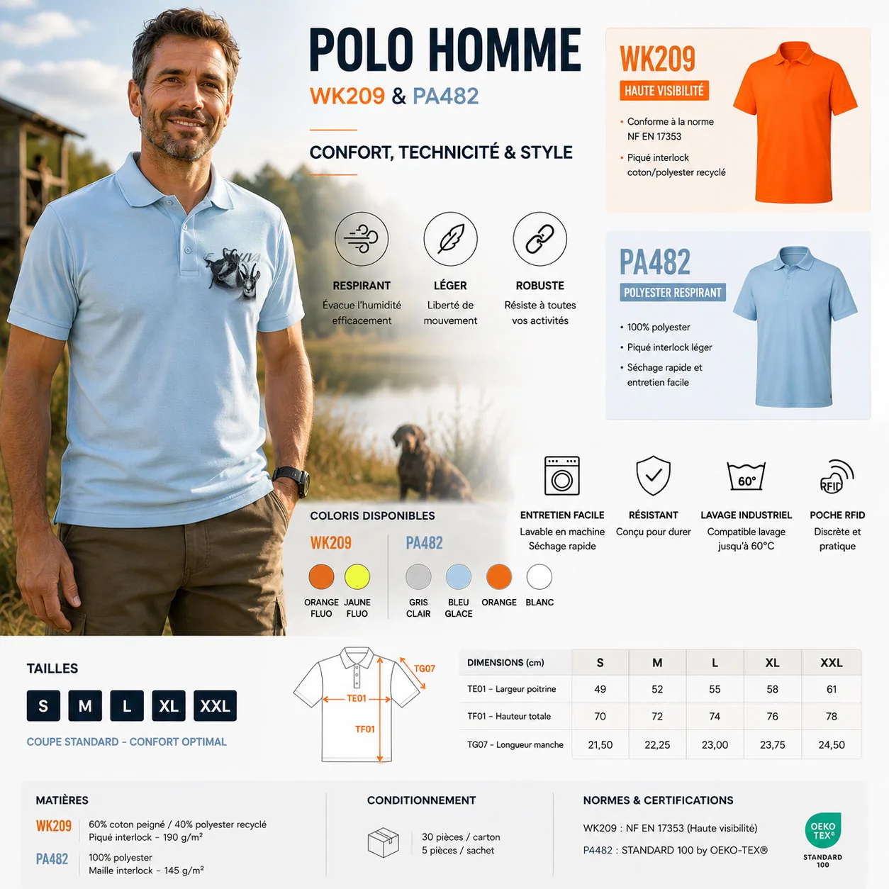 Polo de chasse Chamois personnalisé homme, la planche du modèle : caractéristiques et coloris