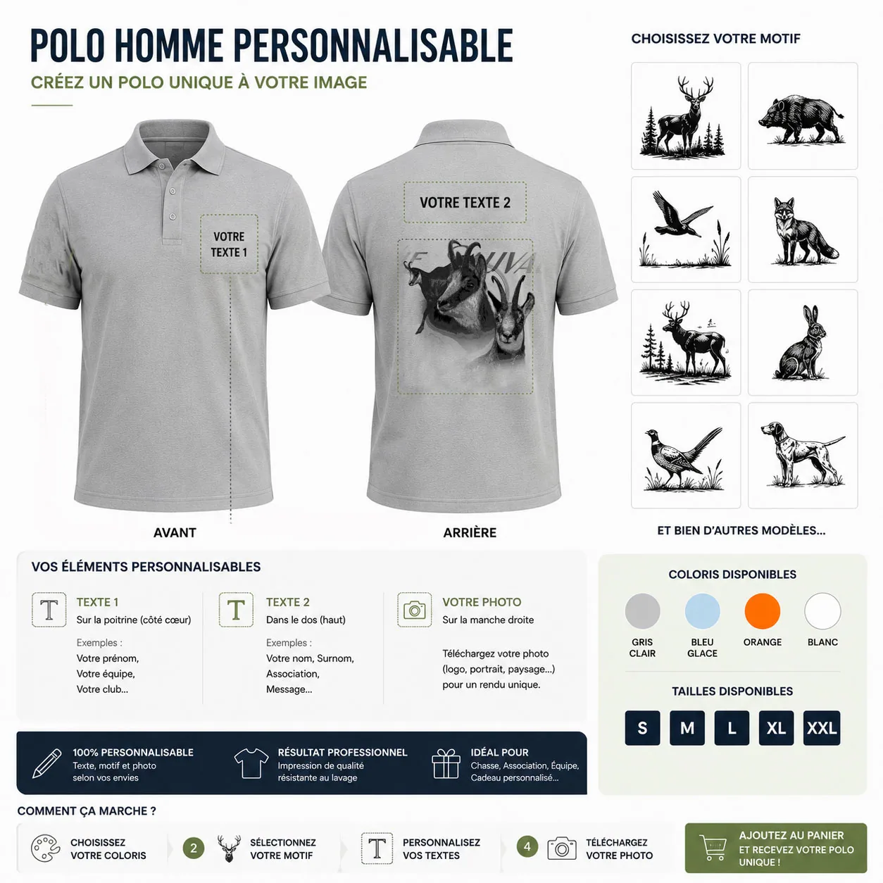 Ce qui se personnalise sur le polo de chasse homme : une photo et un texte devant, le motif chamois et un texte au dos