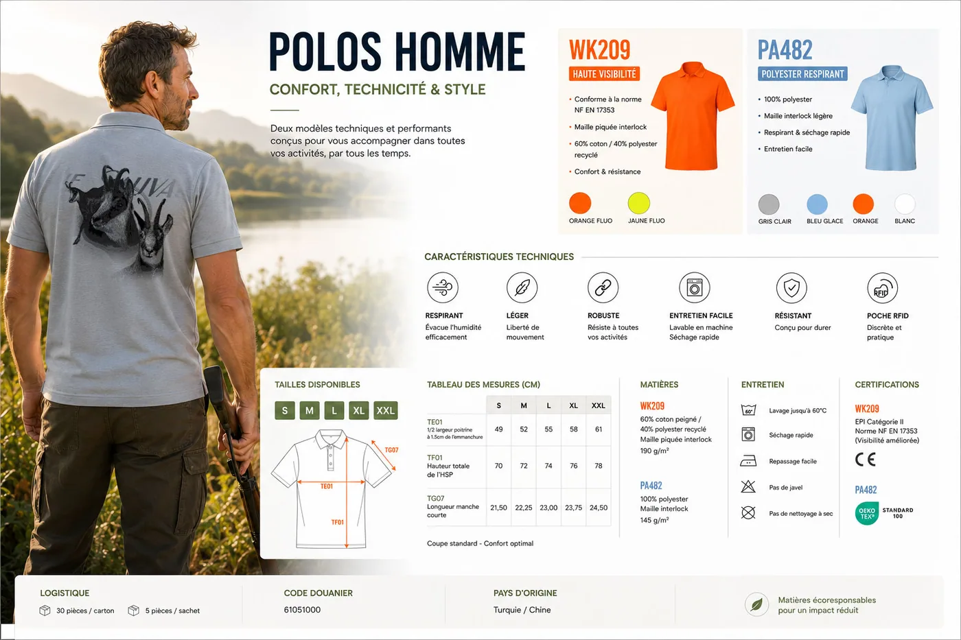 Fiche technique : polo de chasse homme — matière, membrane et guide des tailles