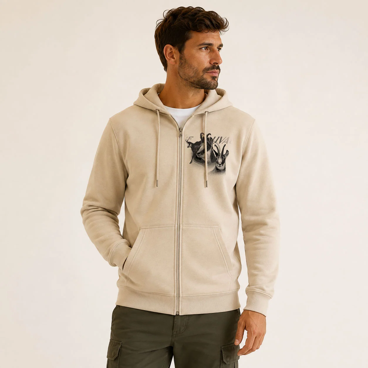 Sweat de chasse homme chamois personnalise, motif chamois + texte au choix