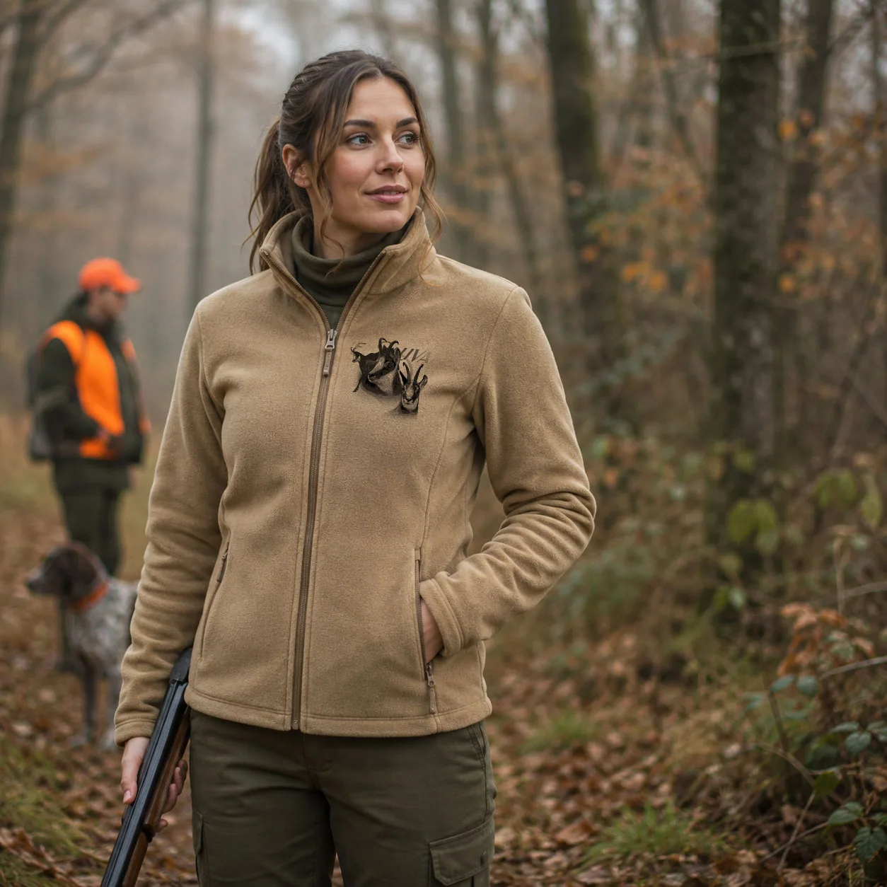 Veste polaire de chasse Chamois personnalisée femme, motif chamois et texte au choix