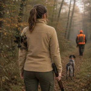 Veste polaire de chasse Vénerie personnalisée femme, portée en forêt, motif vénerie en grand dans le dos